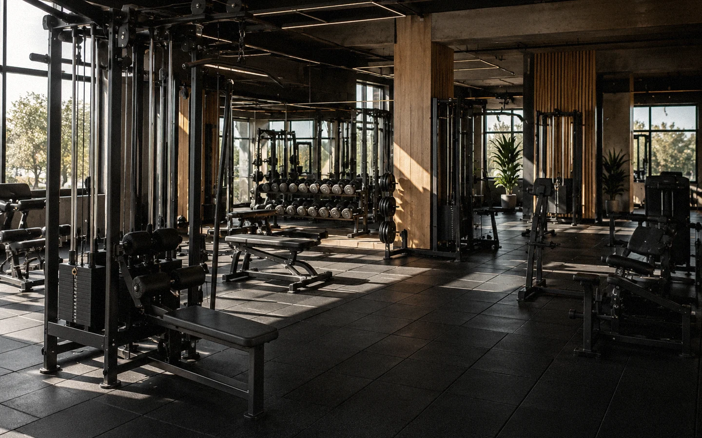 De vloer van een personal training studio bij ochtendlicht